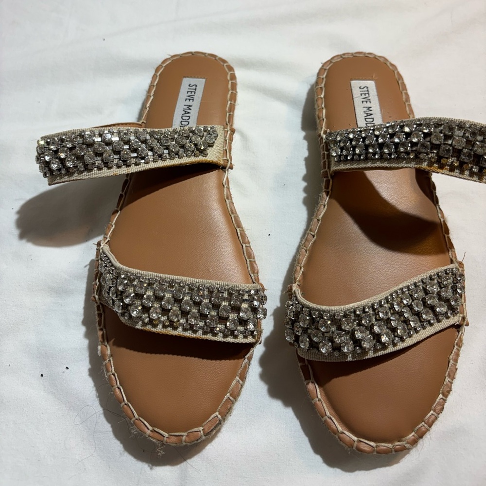 Steve Madden Tan Slide Sandals with Jeweled Straps Sz 7.5